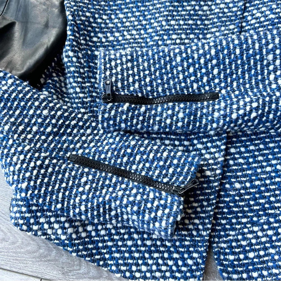 Zara Trafaluc Blue Black Tweed Faux Leather Moto Jacket - Picture 11 of 16